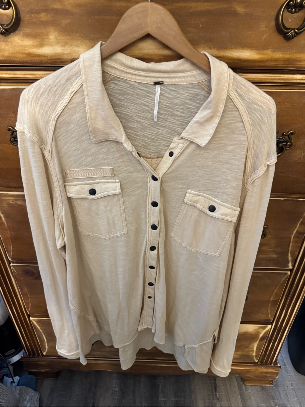 Free People Beige Snap Front Oversized Henley Utility Top Large